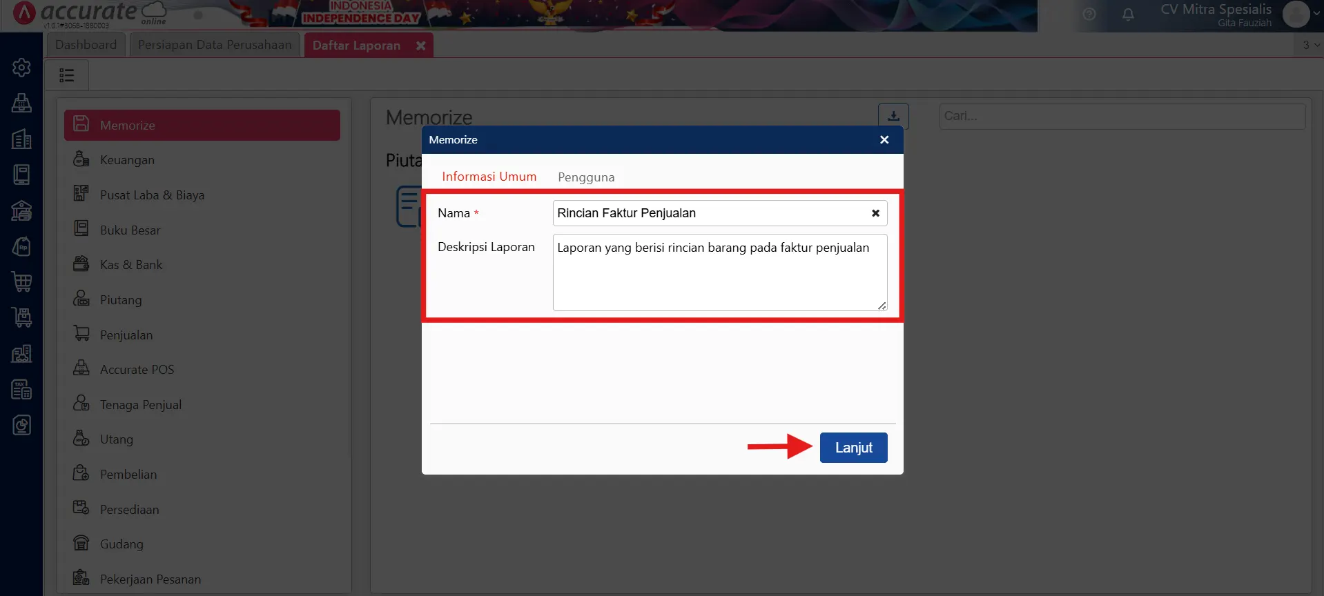 simpan format laporan yang sudah dimodifikasi